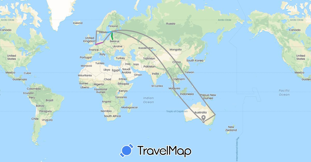 TravelMap itinerary: driving, bus, plane, train, boat in Australia, Belgium, China, Germany, Estonia, Finland, Lithuania, Latvia, Malaysia, Norway, Sweden, Thailand (Asia, Europe, Oceania)